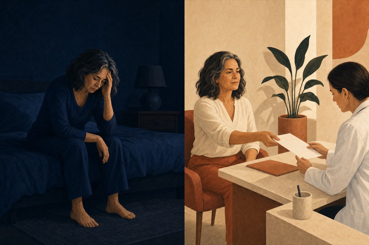 Ilustração: à esquerda, a mulher sozinha no quarto escuro; à direita, a mesma mulher entregando a folha preenchida na consulta